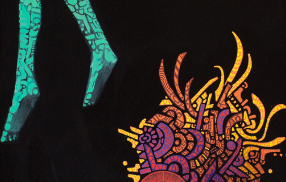 Gemälde von Leo Namislow mit abstrakten, leuchtenden Formen und grünen Beinen auf schwarzem Hintergrund