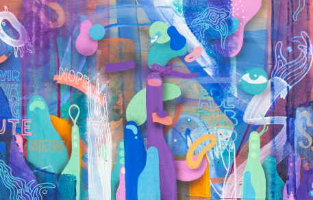 Farbenfrohes Gemälde von Leo Namislow mit typografischen und figürlichen Elementen