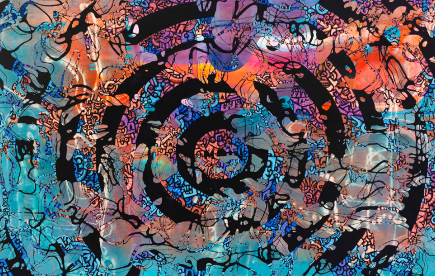 Abstrakte Malerei von Leo Namislow in Pastelltönen mit Figuren und Händen