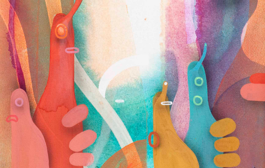 Bunte, abstrakte Malerei von Leo Namislow mit organischen Formen auf blauem Grund