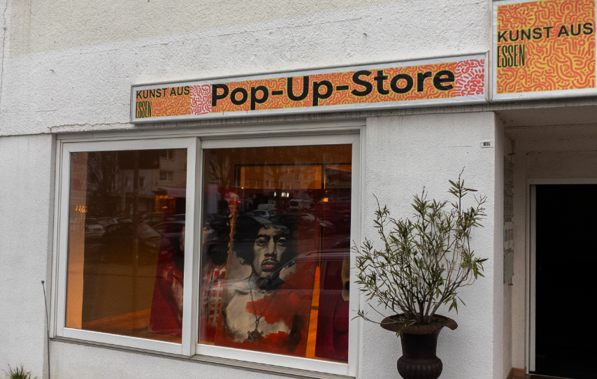 Farbenfrohes Gemälde von Leo Namislow mit typografischen und figürlichen Elementen